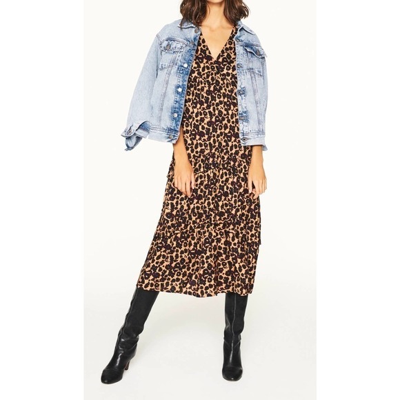 ba&sh Tracy Allover Leopard Print Midi Dress Empire Waist Ruffle Trim Camel S - Picture 1 of 16